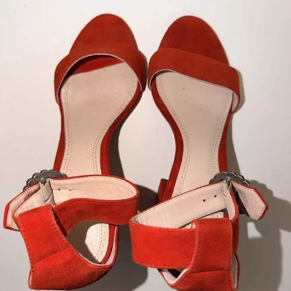 Maje Faria Red Suede Block Heel Sandals 37 US 6.5 Crystal Buckle Portugal JB2